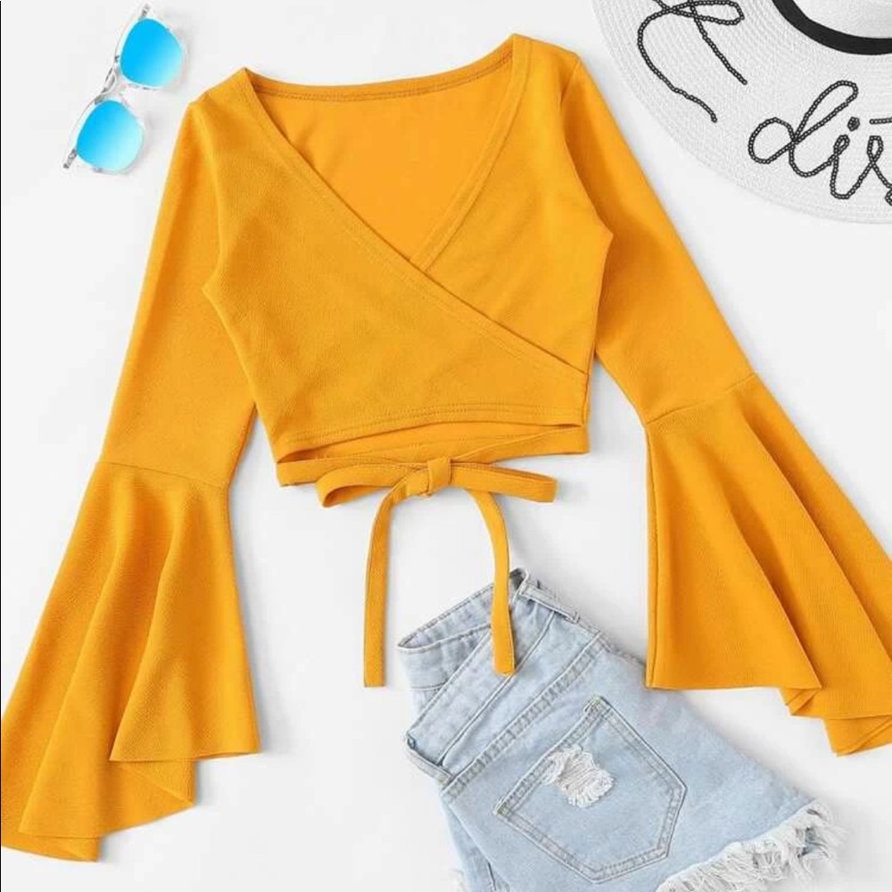 Bell Sleeve Wraparound Self Tie Crop Top